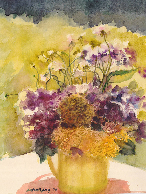 Opera Nora Berg - Ortensie controluce e roselline Cecile Brunner